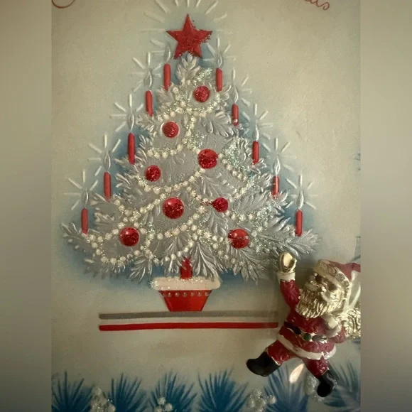 Vintage Adorable Festive Merry Christmas Card with Tree Design and Santa Brooch - Picture 4 of 11